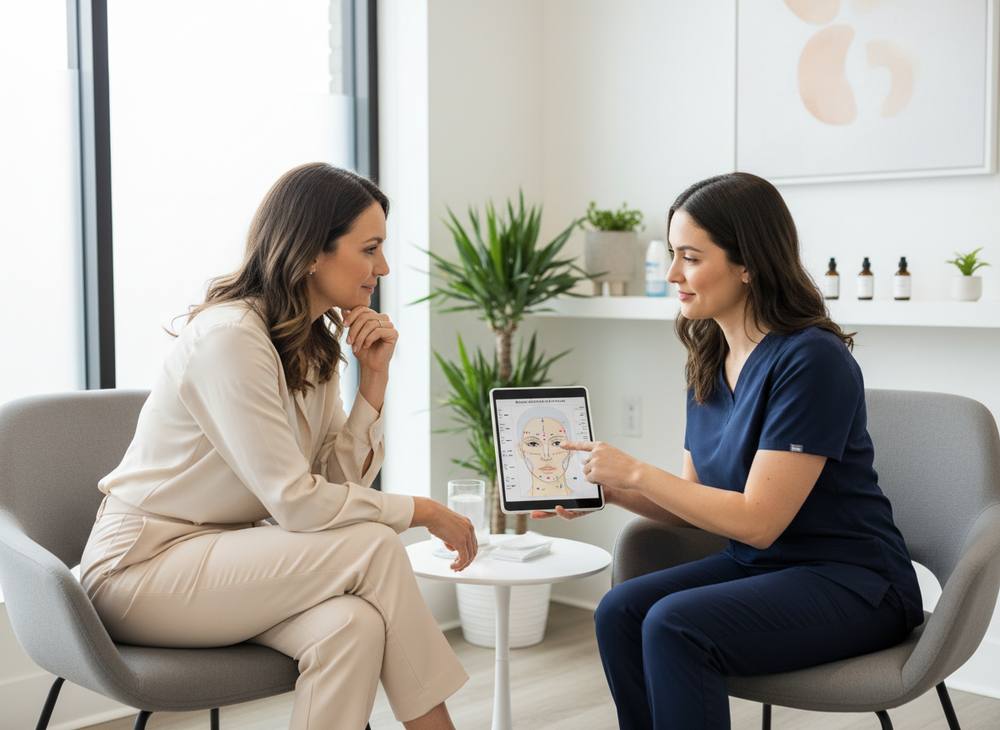 A nurse injector walks a client through a face diagram on a tablet