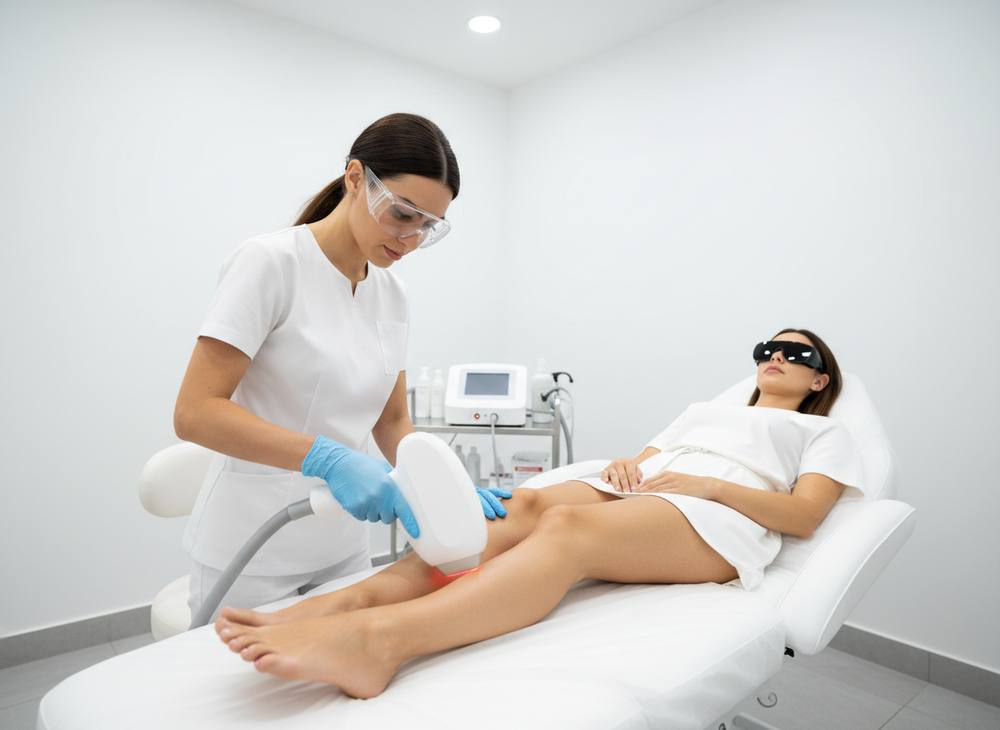 A technician in protective eyewear performs laser hair removal on a client's leg